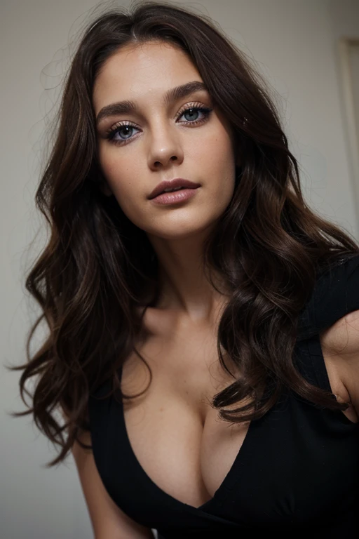 29 year old woman, long brown slightly curly hair, blue eye, visage parfait, professional makeup like model, C et portant un haut noir