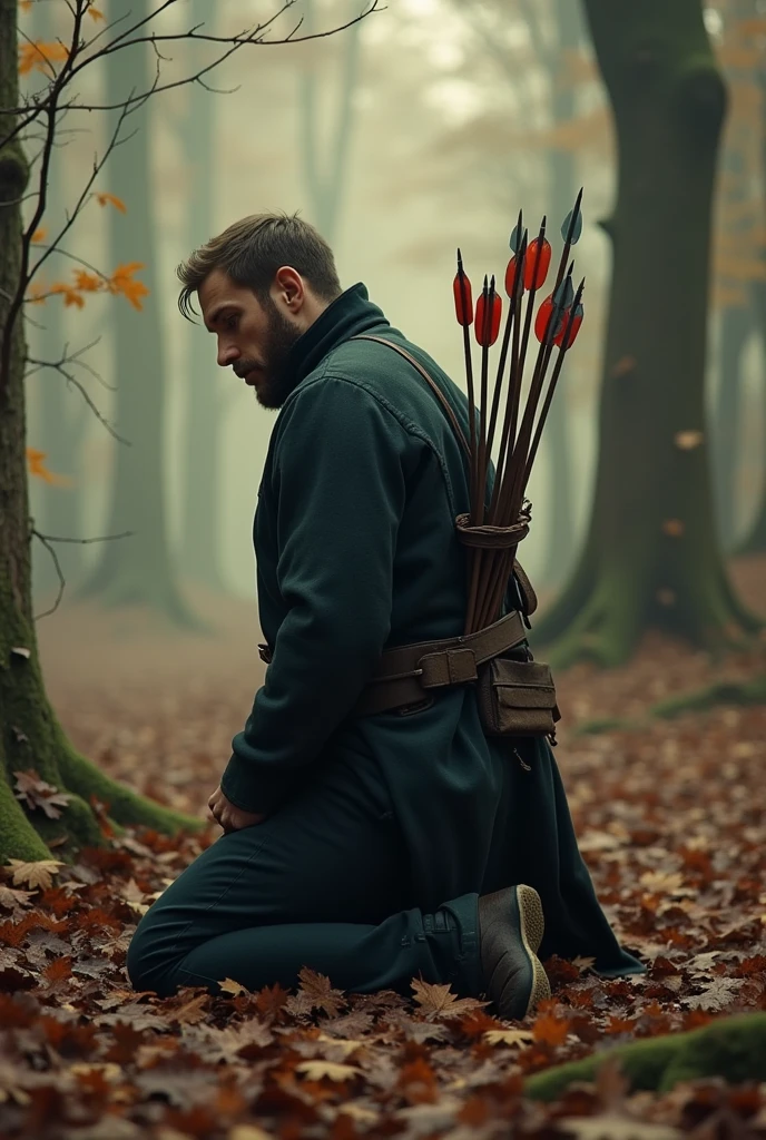Gentleman dies on his knees with several arrows in his back shot by enemies 