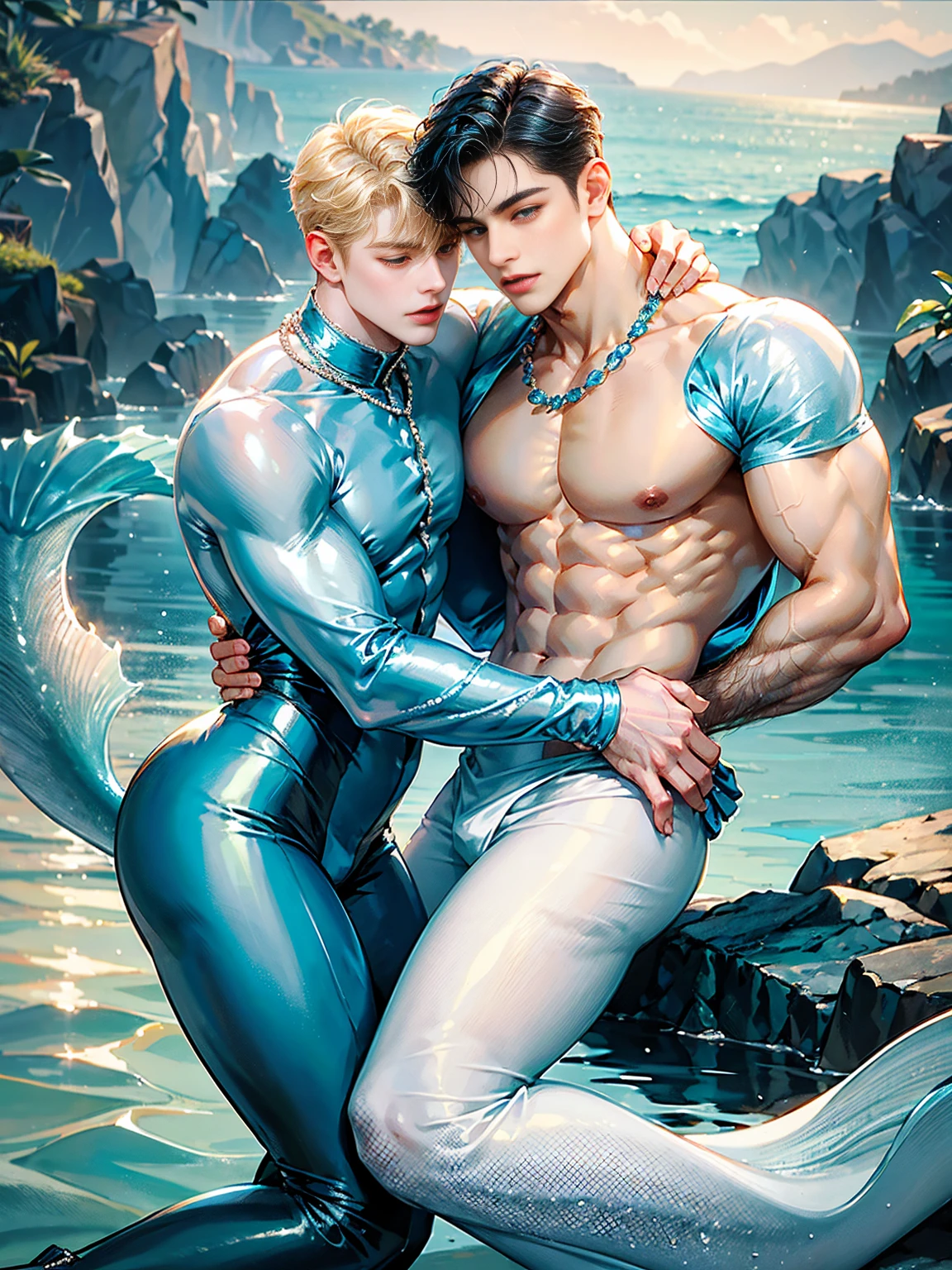 Two gay boys, first A handsome 20 years old man, little merman, sexy merman, blue tail, short blond hair, came from the ocean kingdom, very handsome, big eyes, masculine look, muscular, model , washed ashore, sexy and toned body, perfectly shaved, full body, wearing pearl necklace, merman saves the human prince, second human prince wearing white shirt and black pants, human prince with his black hair, human prince with his eyes closed unconscious, merman hugs and kisses the human prince, merman saves the human prince from the storm