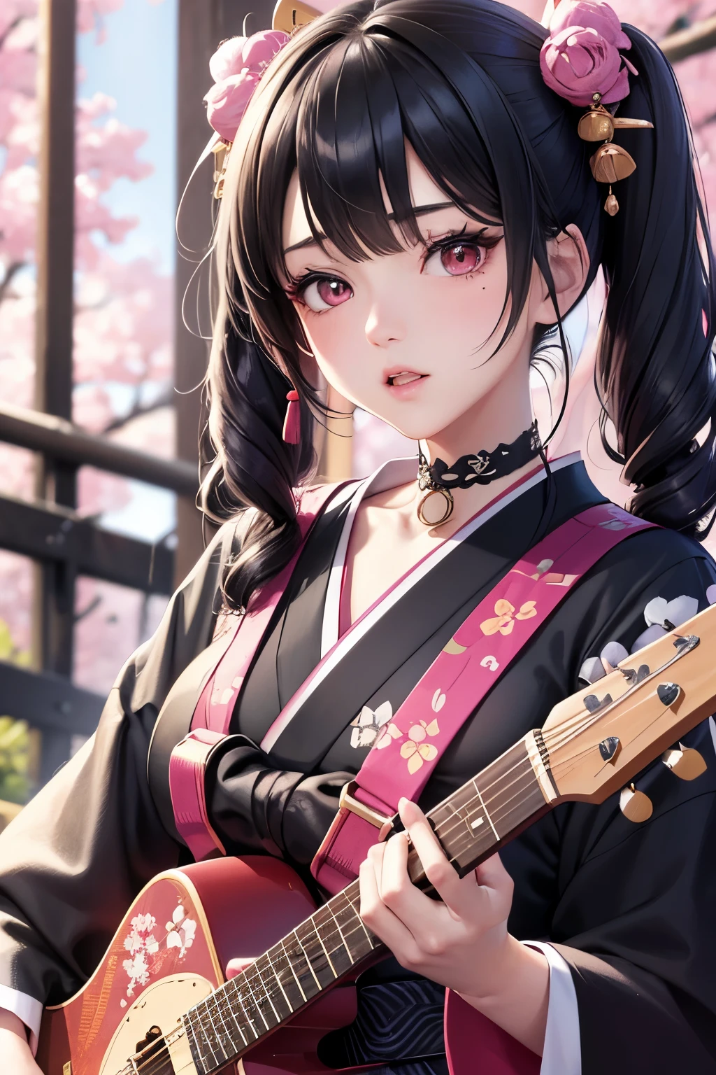 masterpiece, best quality, highly detailed, high resolution, expensive resolution, high resolution, 4K, 8k, Unity 8k wallpaper, highly detailed CG, masterpiece, 2D, 3D, beautiful details, depth, fine texture, best quality: 1.3, perfect focus, crispy skin, he, very cute anime girl, girl wearing a Japanese fancy floral haori hakama and playing guitar vocals in a band, ear mic, outdoor stage, full body, expensive black hair in short twin tails with pink inner, mole under eye, looking at the viewer, expensive, blush, mole, open lips,, heart shaped choker, pink eyes, guitar vocals, ear mic, stage