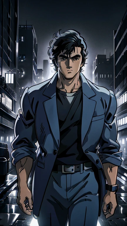 (1man, ryos), (extremely detailed CG unit 8k wallpaper),(master part), (best quality), (ultra detail), (best illustration),(ghibli style), cowboy shot, (Sharp eyeliner, ombre, detail eyes:1), dark city, outdoors, ,break , (mad-sincity), upper body,1940s, noir, night, jacket, Shirt, pant