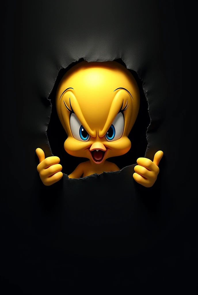 Angry Tweety opening a black poster so that only his head and hands can be seen opening the poster