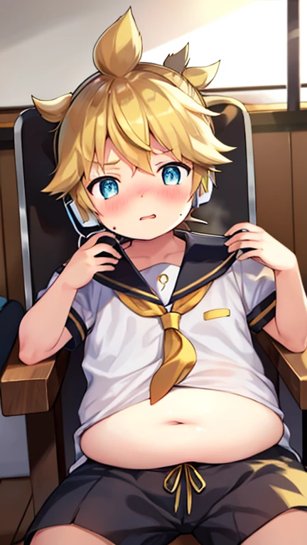 10 year old boy, cute Kagamine Len, (chubby), (plump), severely overweight, ((over small sailor uniform)), short sleeves, chubby body, whole belly spilling over the waistband, unbuttoned shorts, earphones, tie, parted lips, (full blushed), sitting on a chair in a restaurant, food on face, (feeling really embarrassed), looking at his shorts, flustered, heavy breathing