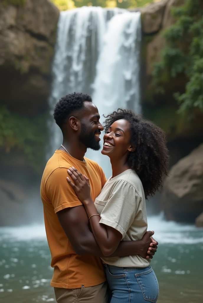 Happy black couple at a waterfall