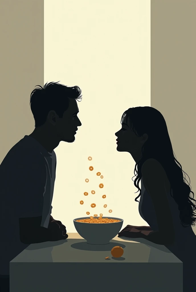 Make me a digital illustration for the book. a bowl of milk and cereal, two black silhouettes of a man and a woman.