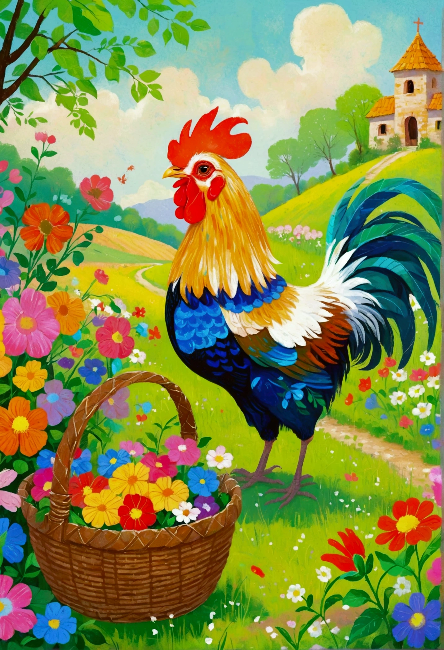 Painting of a rooster and a basket of flowers in a field, Color illustrations, Children&#39;s illustrations, Colorfull illustration, 丰富多彩的Children&#39;s Book Illustrations, Children&#39;s Book Illustrations, Storybook illustration, Children&#39;s Book Illustrations, Children&#39;s Book Illustrations, Inspired by Viktor Nizovtsev, Children&#39;s illustrations, Storybook illustration, cute Storybook illustration, Children&#39;s Book Illustrations
