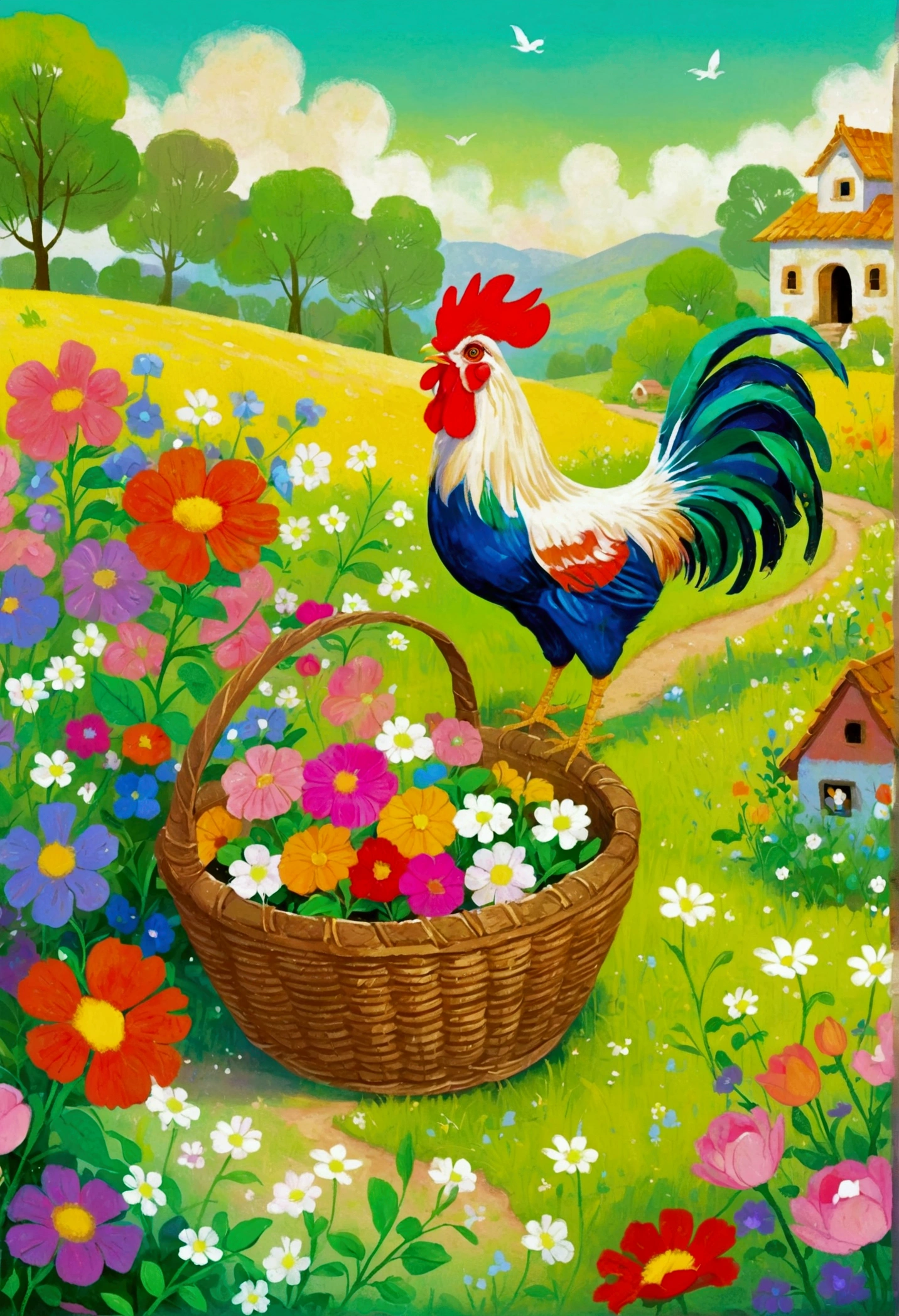 Painting of a rooster and a basket of flowers in a field, Color illustrations, Children&#39;s illustrations, Colorfull illustration, 丰富多彩的Children&#39;s Book Illustrations, Children&#39;s Book Illustrations, Storybook illustration, Children&#39;s Book Illustrations, Children&#39;s Book Illustrations, Inspired by Viktor Nizovtsev, Children&#39;s illustrations, Storybook illustration, cute Storybook illustration, Children&#39;s Book Illustrations