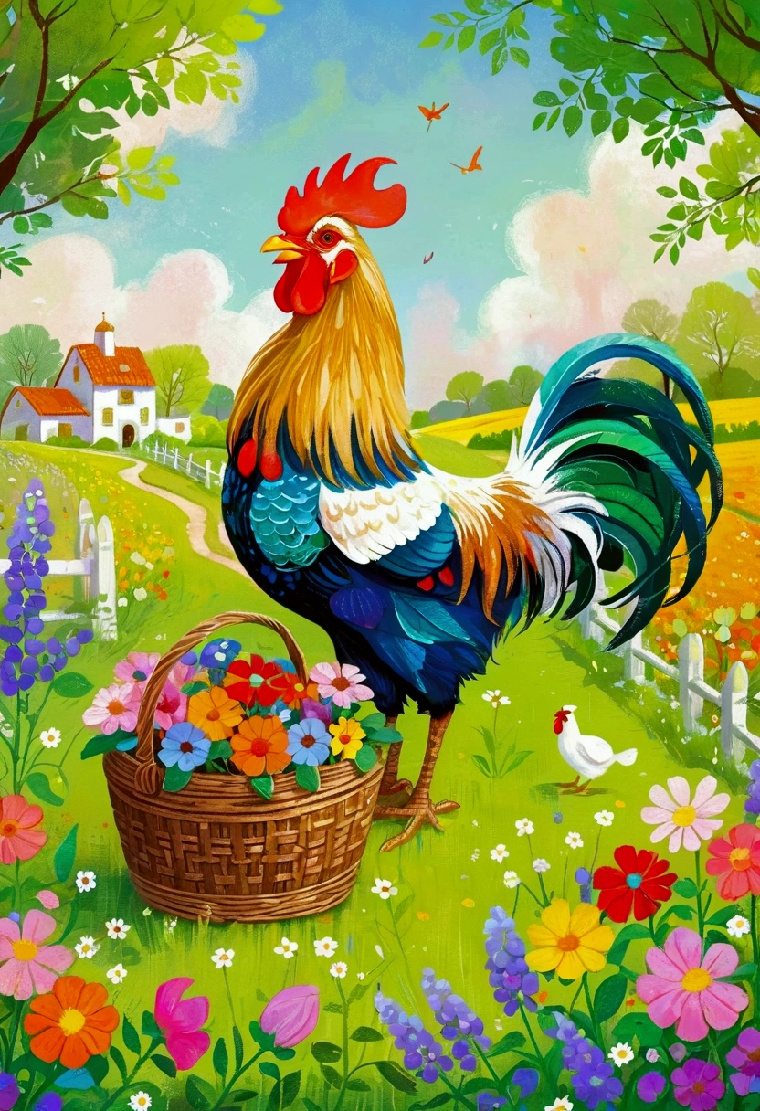Painting of a rooster and a basket of flowers in a field, Color illustrations, Children&#39;s illustrations, Colorfull illustration, 丰富多彩的Children&#39;s Book Illustrations, Children&#39;s Book Illustrations, Storybook illustration, Children&#39;s Book Illustrations, Children&#39;s Book Illustrations, Inspired by Viktor Nizovtsev, Children&#39;s illustrations, Storybook illustration, cute Storybook illustration, Children&#39;s Book Illustrations