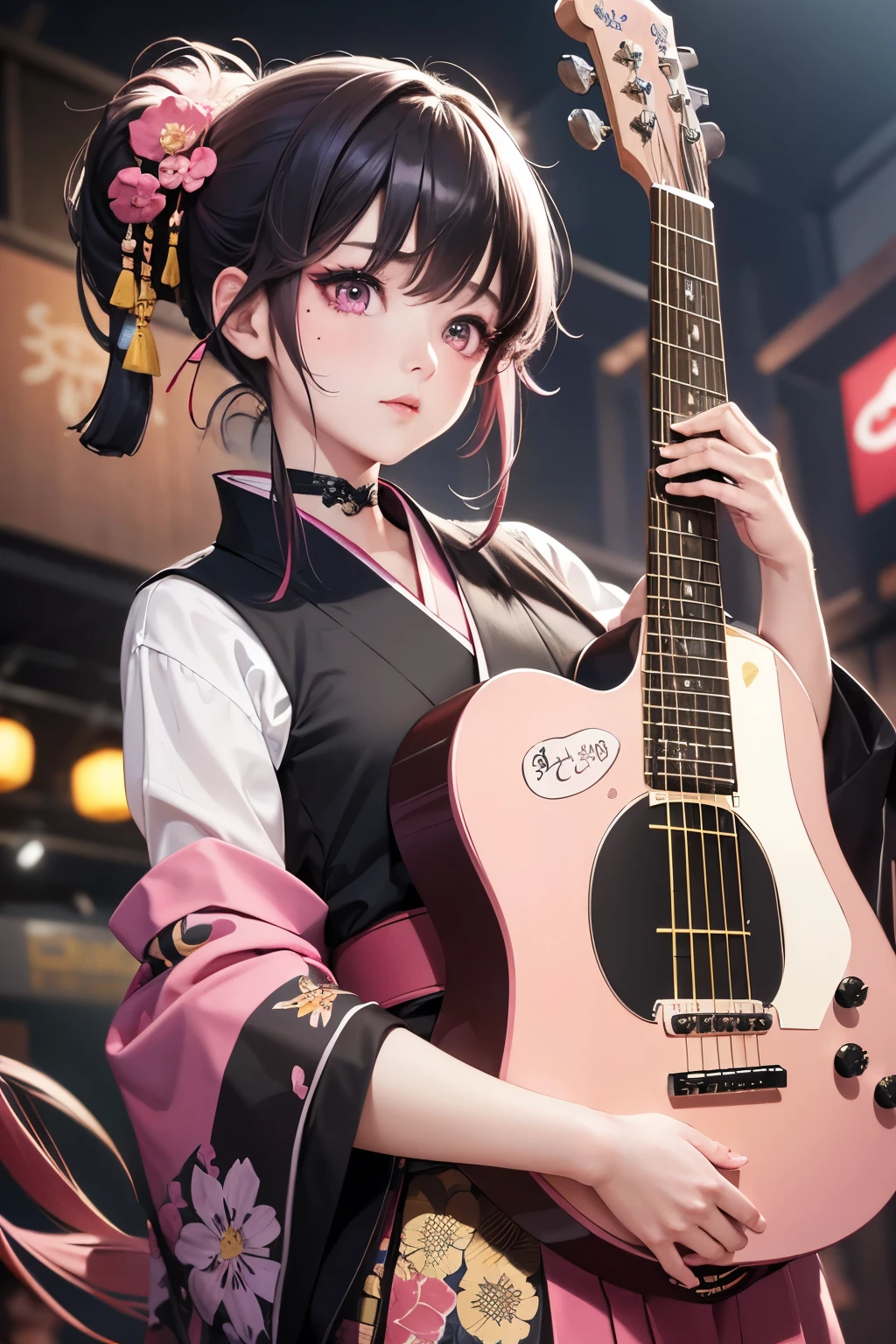 masterpiece, best quality, very detailed, high resolution, expensive resolution, high resolution, 4K, 8k, Unity 8k wallpaper, highly detailed CG, masterpiece, 2D, 3D, beautiful details, depth, fine texture, best quality: 1.3, perfect focus, crispy skin, he,
Very cute anime girl, girl playing guitar vocals in a band wearing a Japanese fancy floral haori hakama, on outdoor stage, full body, expensive pink and black short twin tail hair, mole under eye, looking at the viewer, expensive, blush, mole, lips open, , heart choker, pink eyes, guitar vocals, stage