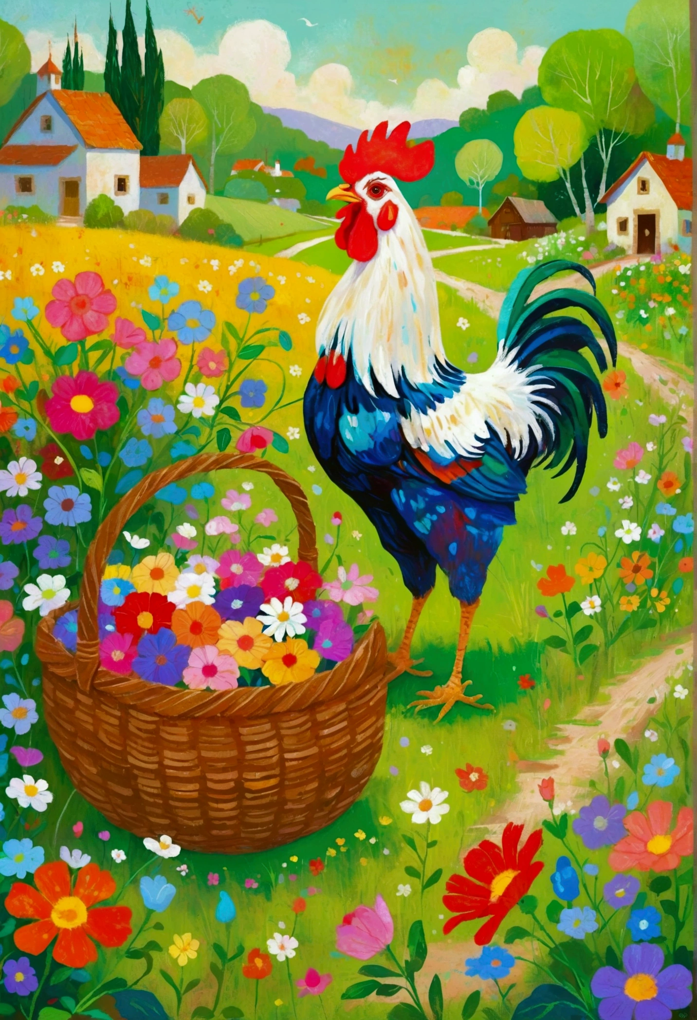Painting of a rooster and a basket of flowers in a field, a Storybook illustration inspired by Victor Nizovtsev, Shutterstock competition winner, Childish Art, Color illustrations, Children&#39;s illustrations, Colorfull illustration, 丰富多彩的Children&#39;s Book Illustrations, Children&#39;s Book Illustrations, Storybook illustration, Children&#39;s Book Illustrations, Children&#39;s Book Illustrations, Children&#39;s illustrations, Storybook illustration