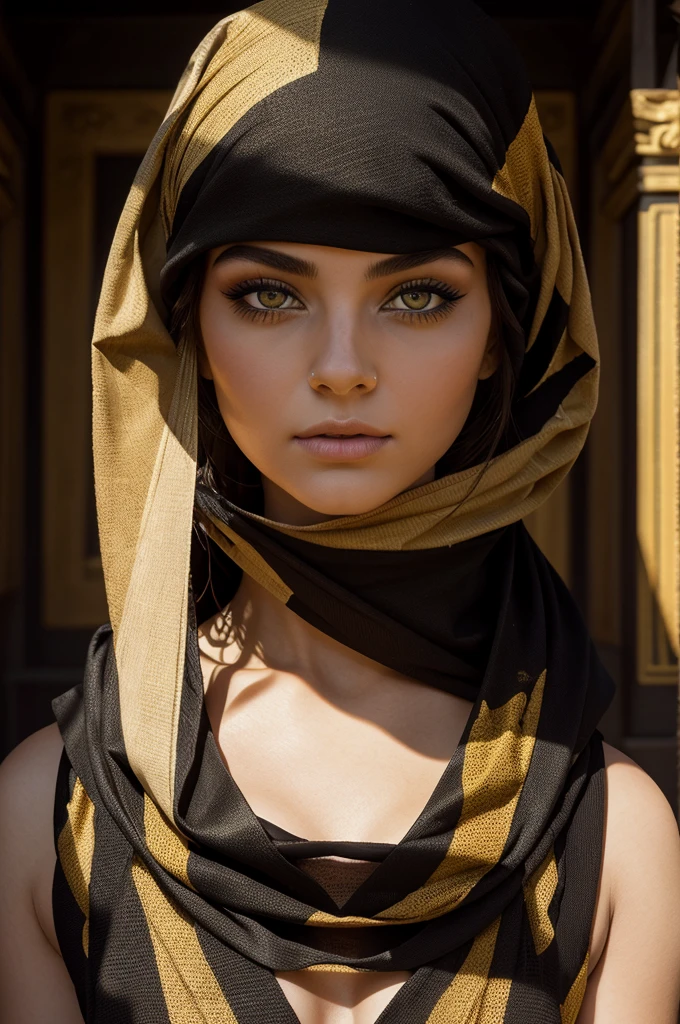 A captivating minimalist portrait of a woman adorned with a black and gold fan, which partially obscures her face. Her enchanting amber eyes are the focal point, drawing the viewer into the image. A bold crimson paint strip accentuates her cheek and temple, contrasting with the warm hue of her eyes. The subtle texture of her skin complements the rich colors, creating a harmonious and powerful visual experience.