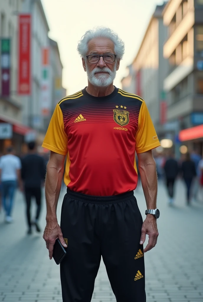 70 years handsome elder man, white hair curly short to shoulder,white beard and mustache, wearing clear glasses,wearing jersey football germany 2024 ,wearing black long pants sport style,make a white sneakers shoes sport, he bring mobile phone samsung foldable 6 series black colour,background in city of berlin,16k uhd,cinematic photo,auto focus.