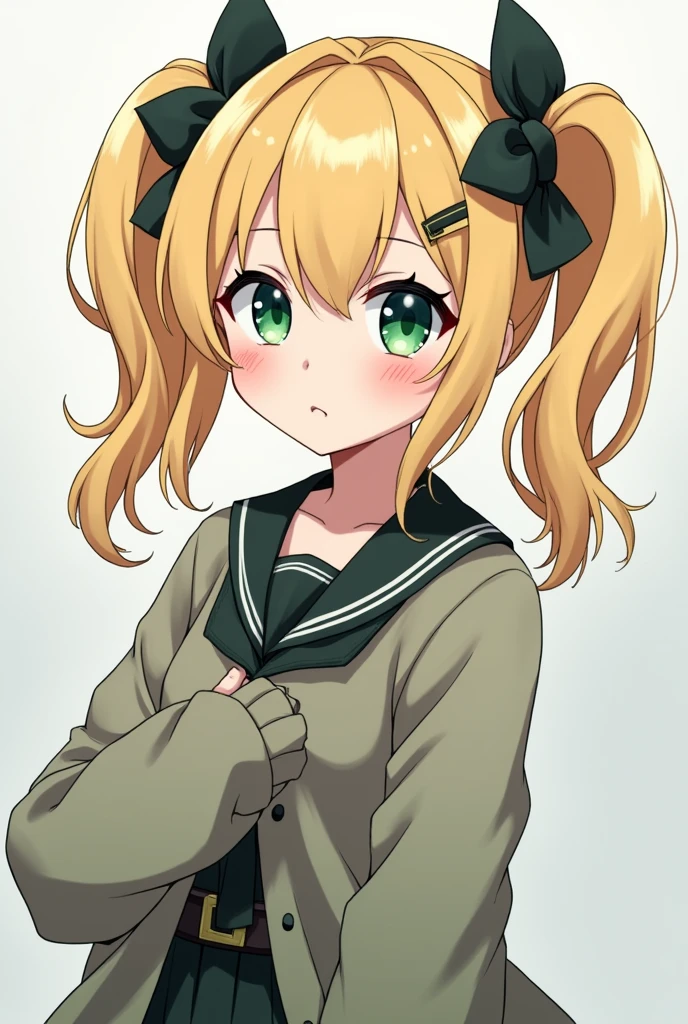Blonde with drill-shaped pigtails with black bows, emerald green eyes, slim, low weight, small breasts, Tsundere, cold and grumpy