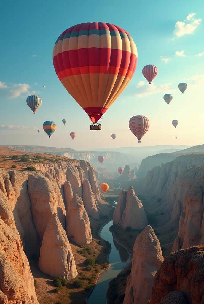 Beginning of the day in Cappadocia with the sky full of balloons