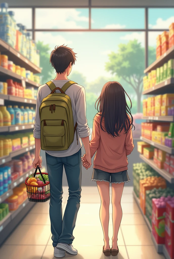Anime Couple Shopping in Supermarket, Man Holding Shopping Basket