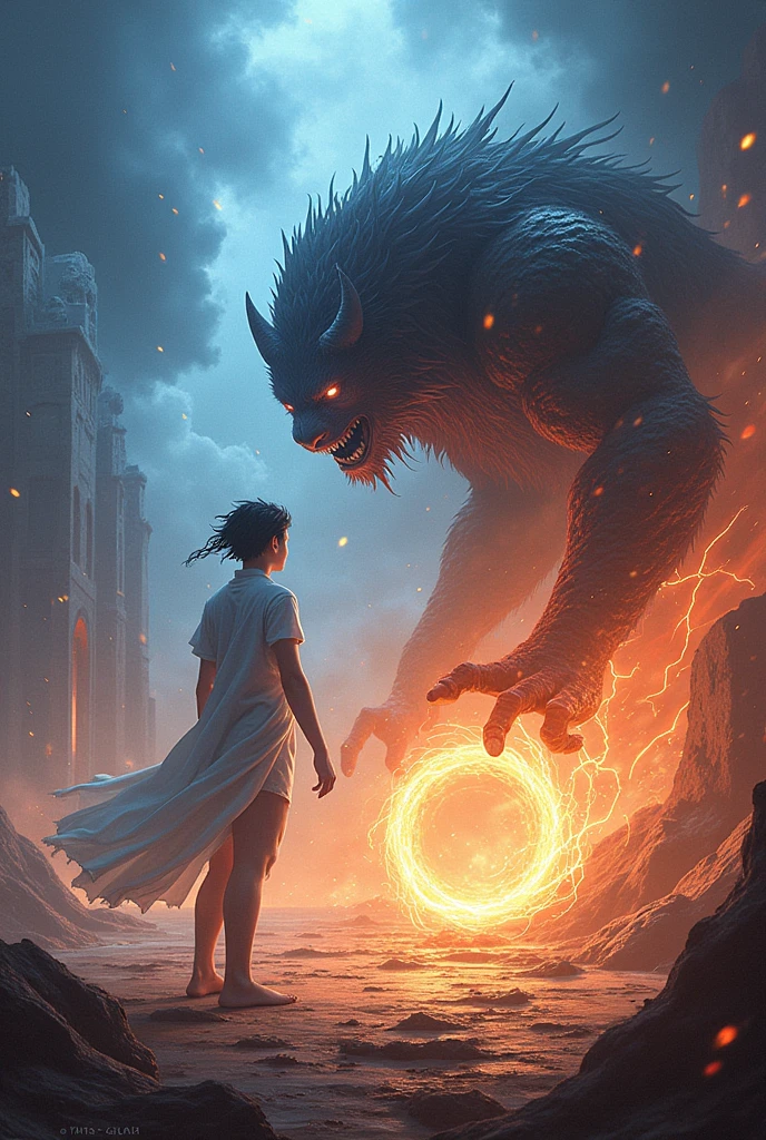 Create a Miquella and Radahn version of "the fire ring" Fushigi and Mahoraga jujutsu Kaisen with Miquella Fushigi and Radahn Mahoraga