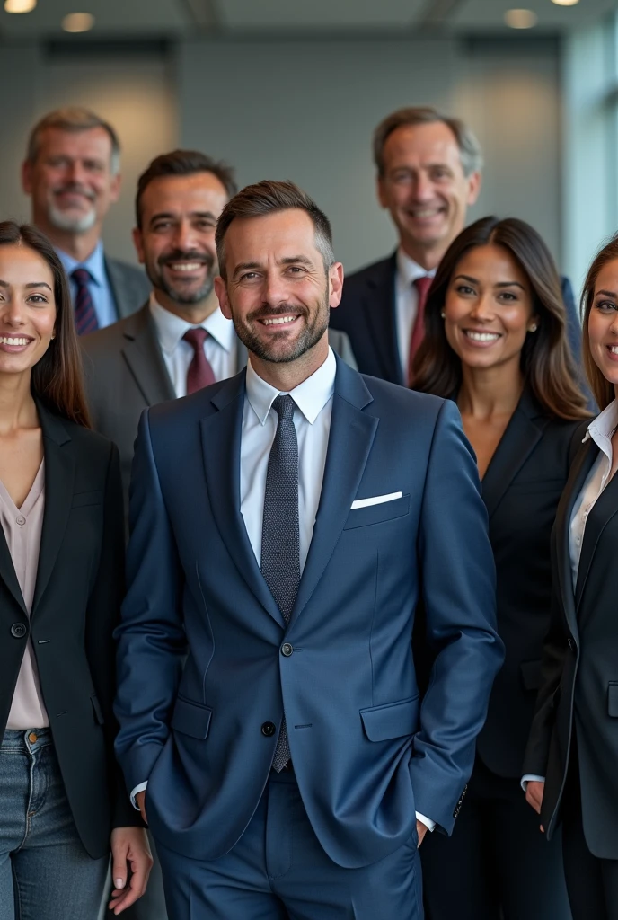 Portrait of successful group of business people at modern office looking at camera. Portrait of happy businessmen and satisfied businesswomen standing as a team. Multiethnic group of people smiling and looking at camera. And company name should be BOSCH