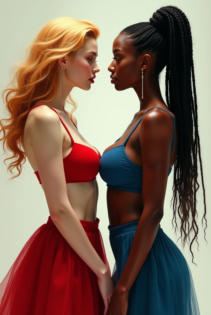 white skinned hot blonde haired red skirt red bra girl vs black skinned  braid haired blue skirt blue bra girl
