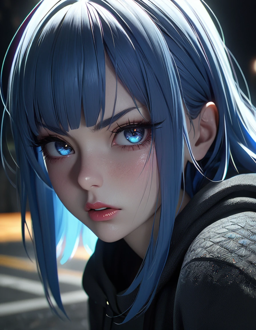 (1 woman with blue hair,With bangs ,arrogant expression,Intimidating , Angry intimidating expression, bright eyes, orange lightdetailed face,beautiful detailed eyes,beautiful detailed lips,extremely detailed eyes and face,long eyelashes,best quality,4k,8k,highres,intricate details,3d,cinematic lighting,dramatic lighting,moody lighting,dramatic composition, Black Sweatshirt, sloppy, abandoned parking lot scene,)