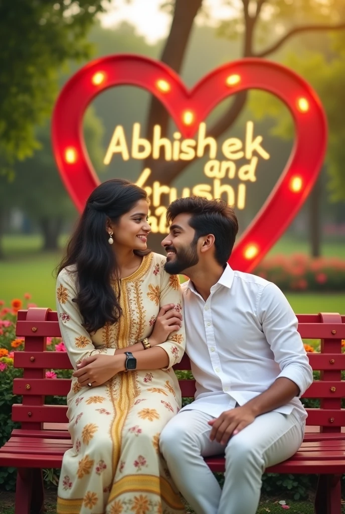 20 years old girl is sitting on red colour banch in a beautiful park and 20 year old boy is lying on girl lap looking each other with smil in love Park, littel down in your wast, beautiful big 3d lighting love hart in background, beautiful flowers in park. boy wearing white shirt. The girl wearing white and yellow flowers printed kurti, with smart watch, with name Abhishek & khushi written on hart. they are looking so Pretty, cute, indian, beautiful chest. High quality 4k pictures”