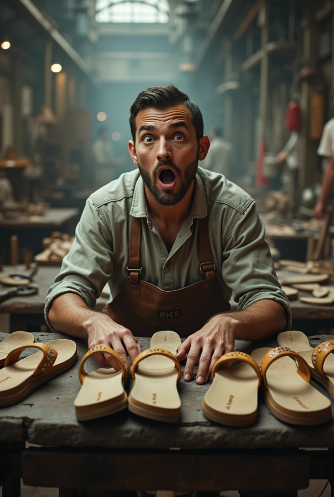 Image of sandals being created in a factory with a surprised looking man right in the middle of the photo, realisitic, 4K,