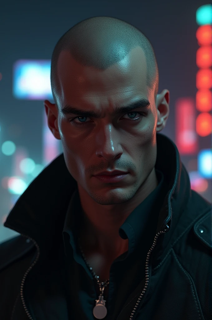 Light-skinned man with shaved head