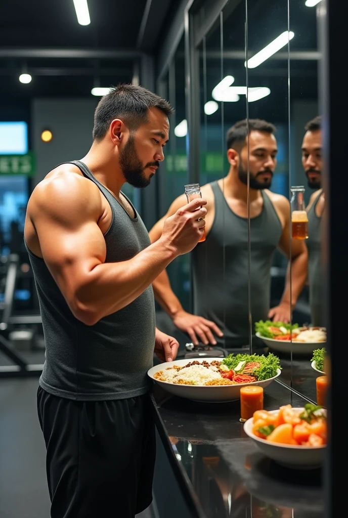 fat asian guy in the gym, eating keto food, in the mirror he saw his future body goals, in the mirror he looks slim and healthy, delivery food, detox juice 