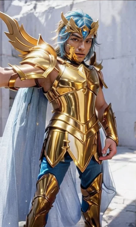 A man with Golden full armor; ultra realistic ; Blue hairs; saint seiya style of armor