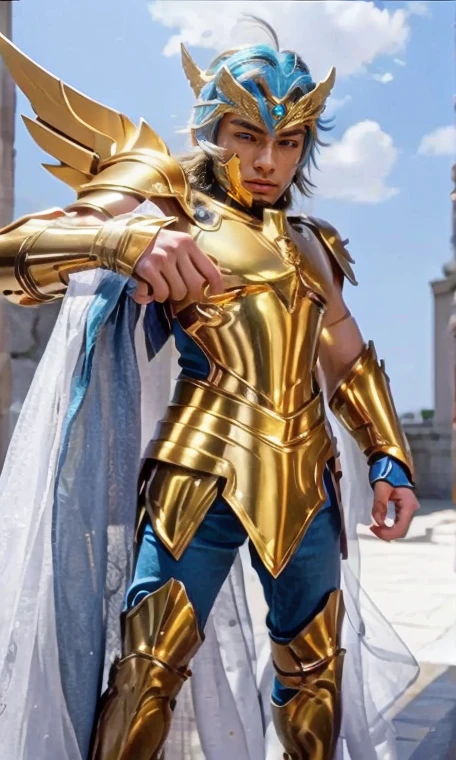 A man with Golden full armor; ultra realistic ; Blue hairs; saint seiya style of armor