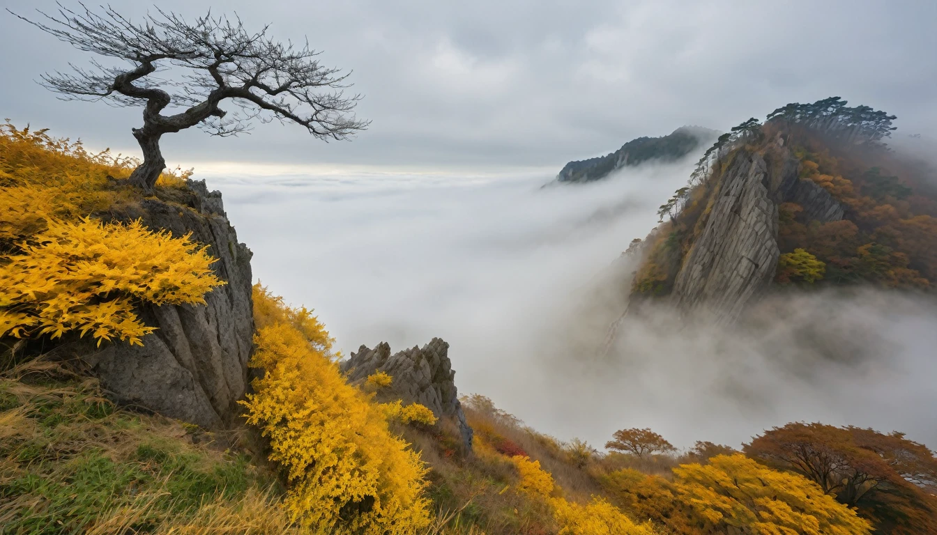 ((masterpiece, Fantasy,高さ300kmの巨木の幹がcliff下から空まで伸びている, A lot of golden leaves in the sky, Cloudy sky on background, cliffの手前にあるhillから巨木を見上げる)),cliff,hill, grassland, fog, A quarter of the screen is a tree trunk
