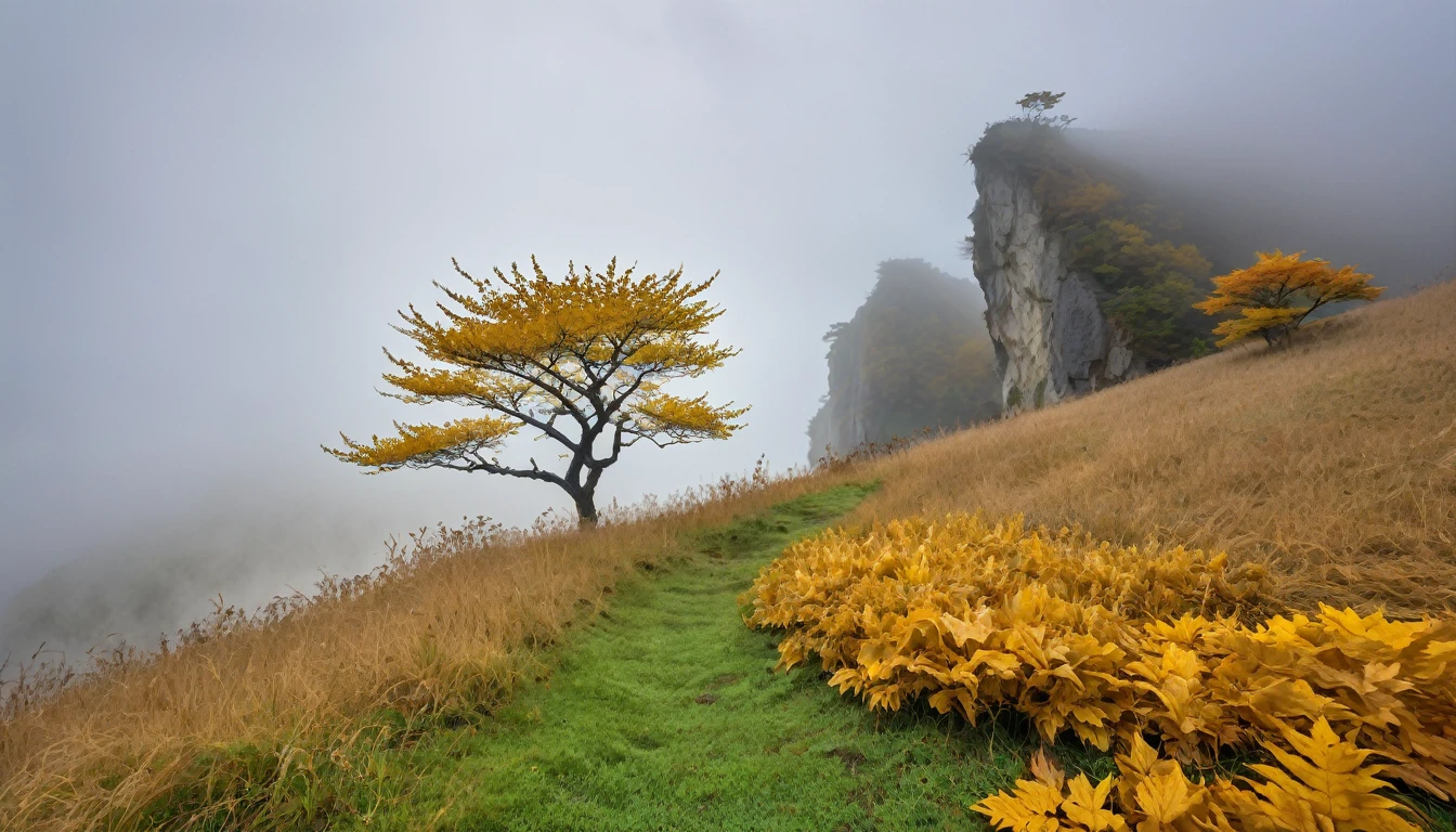((masterpiece, Fantasy,高さ300kmの巨木の幹がcliff下から空まで伸びている, A lot of golden leaves in the sky, Cloudy sky on background, cliffの手前にあるhillから巨木を見上げる)),cliff,hill, grassland, fog, A quarter of the screen is a tree trunk