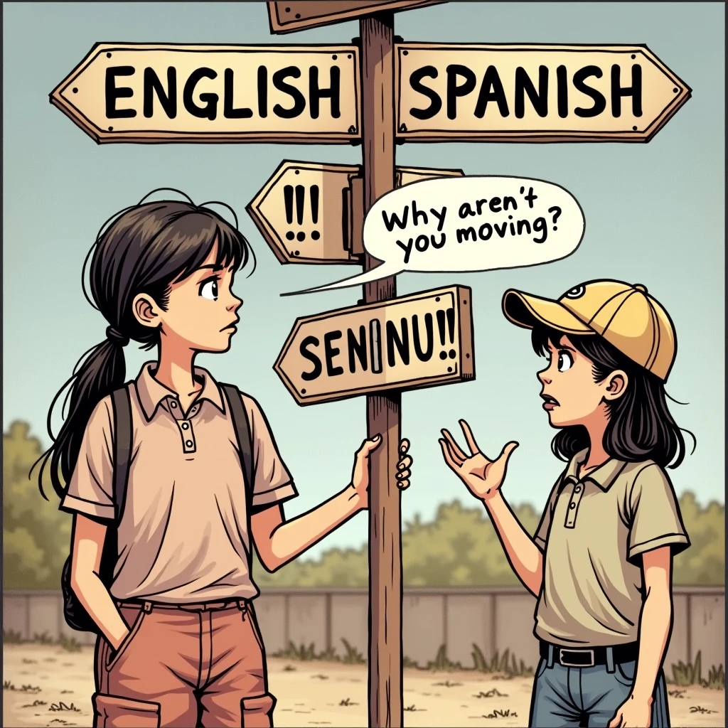 An image of a girl and a boy, they are looking at a signboard where a arrow shape sign boar pointing towards left has "ENGLISH" written on it and a signboard pointing towards left has "SPANISH" written on it, the boy standing still and the girl is confised a speech bubble appear from her "Why aren't you moving?"