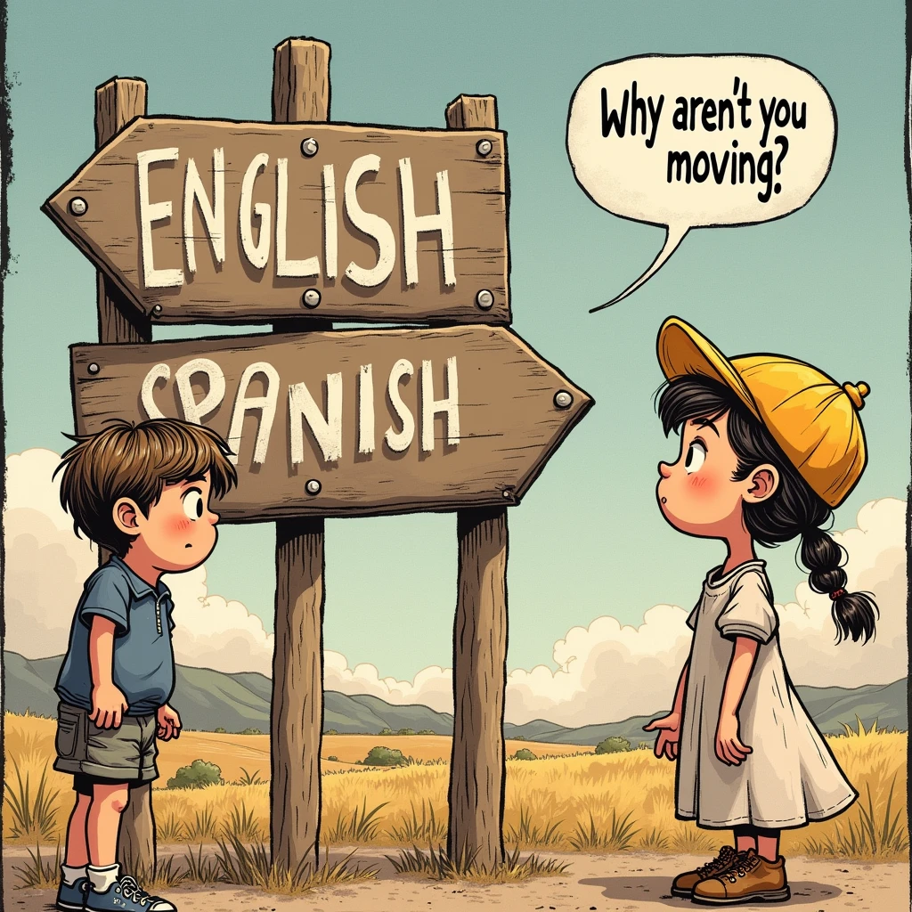 An image of a girl and a boy, they are looking at a signboard where a arrow shape sign boar pointing towards left has "ENGLISH" written on it and a signboard pointing towards left has "SPANISH" written on it, the boy standing still and the girl is confised a speech bubble appear from her "Why aren't you moving?"