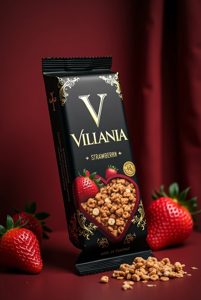 Create a cereal bar with the packaging saying Villania with a logo with a V, with the source (saloon) with the colors black and gold. Strawberry flavor