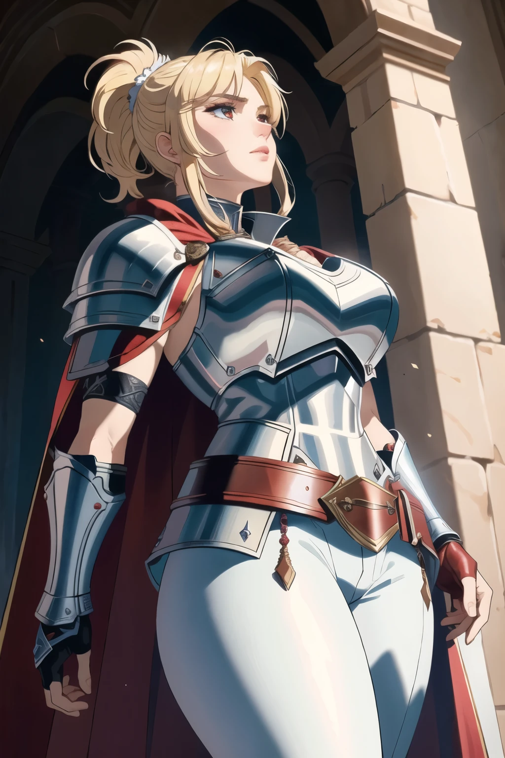 (masterpiece: 1.2), (best quality: 1.2), Perfect eyes, Perfect face, Volumetric Light, 1 Girl, Tall Paladin, muscular, Blonde Ponytail Fluffy Cut, Heavy armor, Armor Hand, cape, belt, Leather pants, Serious expression, cosmetic, Lipstick, Eyeshadow, mascara, Thick eyelashes，Divine atmosphere，Red and white theme，Looking up，Hero Light and Shadow