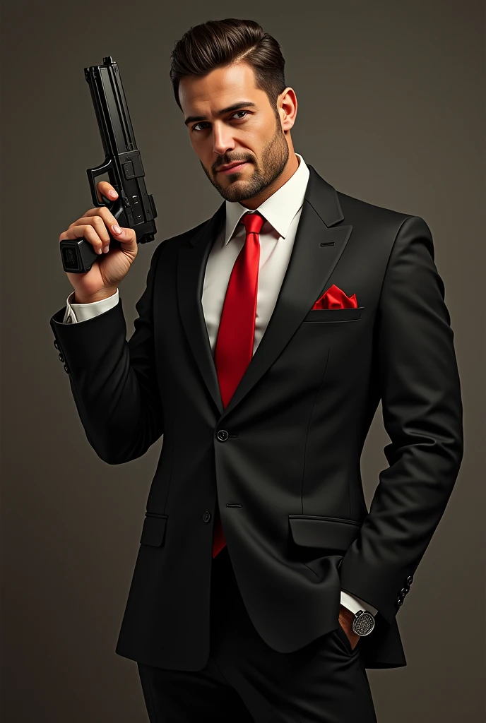 Hitman with hair
Fair skin and good smile red tie and holding gun and flex