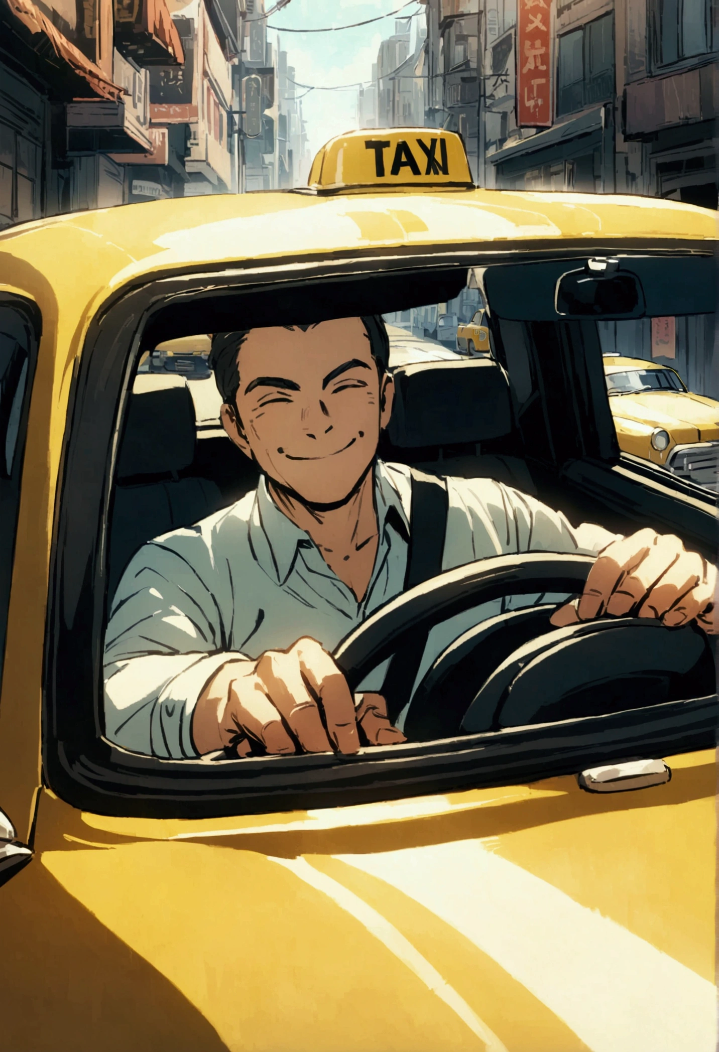 Mr. Smith, an old taxi driver , is smiling and relaxed, sitting in driver seats drive his taxi