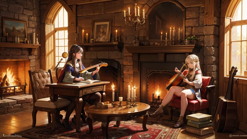 A medieval setting with torches on the walls, a large fireplace in the background, and two bard girls, Lira and Maia, sitting on wooden chairs, one with a lute and the other with a harp. They exchange mischievous glances