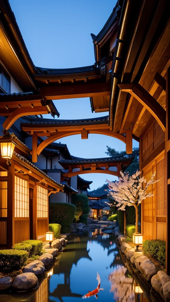 A traditional Japanese landscape featuring old-fashioned, charming buildings that evoke a sense of nostalgia. The scene includes a quaint street lined with wooden houses, their sliding doors partially open, revealing glimpses of serene interiors. The roofs are adorned with intricate tiles, and paper lanterns hang from the eaves, softly illuminating the area. In the background, you can see a tranquil garden with meticulously arranged stones, a koi pond, and a gracefully arched bridge. Cherry blossoms gently float through the air, adding to the overall atmosphere of peace and timeless beauty.