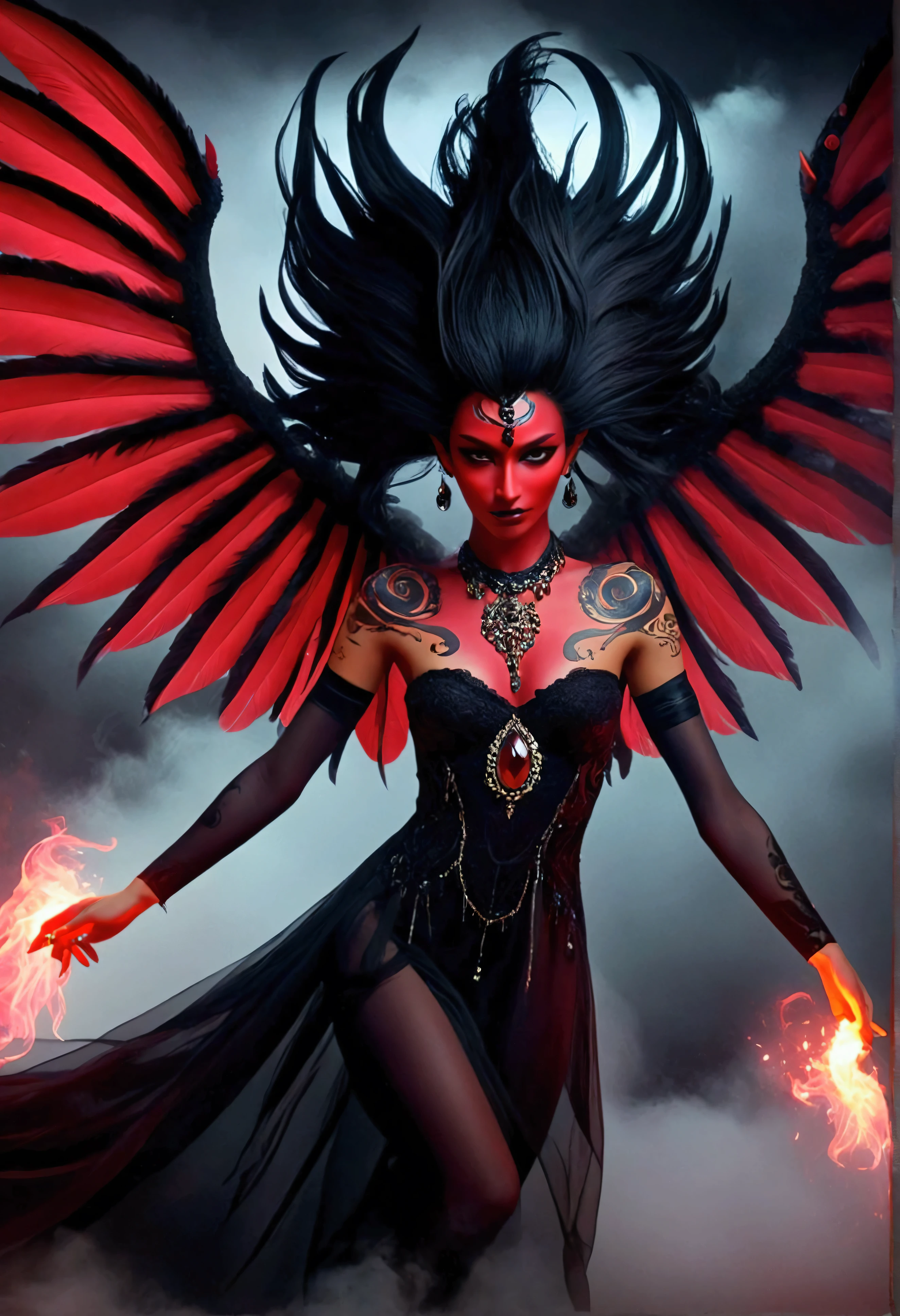Generate images of demons with crimson wings. Give this image a captivating aura and powerful feather movement. Next, Add a devil's dress designed to emphasize the lines of the body, With feather accents to create a dark and mysterious atmosphere. reeds, Combine accessories with black or dark red headpieces, Crimson Gemstone Necklace、Matching rings and earrings. Finally, Add dark tone makeup and red or black eyeshadow、Complete the atmosphere of the devil.