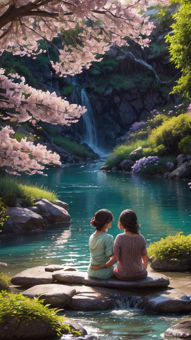 (photorealistic:1.37),Sit near a river with friends,Open your mouth and laugh.,Closeup of face,Flower petals,spring season,Soda water,gentle breeze,colorful flowers,fresh green grass,vibrant sunlight,happy expressions,Bond of friendship,Relaxing atmosphere,serene environment,Lively conversations,content smiles,laughter echoes,happy moments,peaceful sounds of flowing water,Shared happiness,Happy atmosphere,playful interaction,pleasant aromas,Beautiful landscape,harmonious connection,Natural beauty,Happy conversations,warm sunlight,soft drinks,comfortable seats,quiet environment,Dancing reflections,aromatic flowers,Soft river sounds,Soft waves,Serenity in the air,Memories full of laughter,Spring happiness