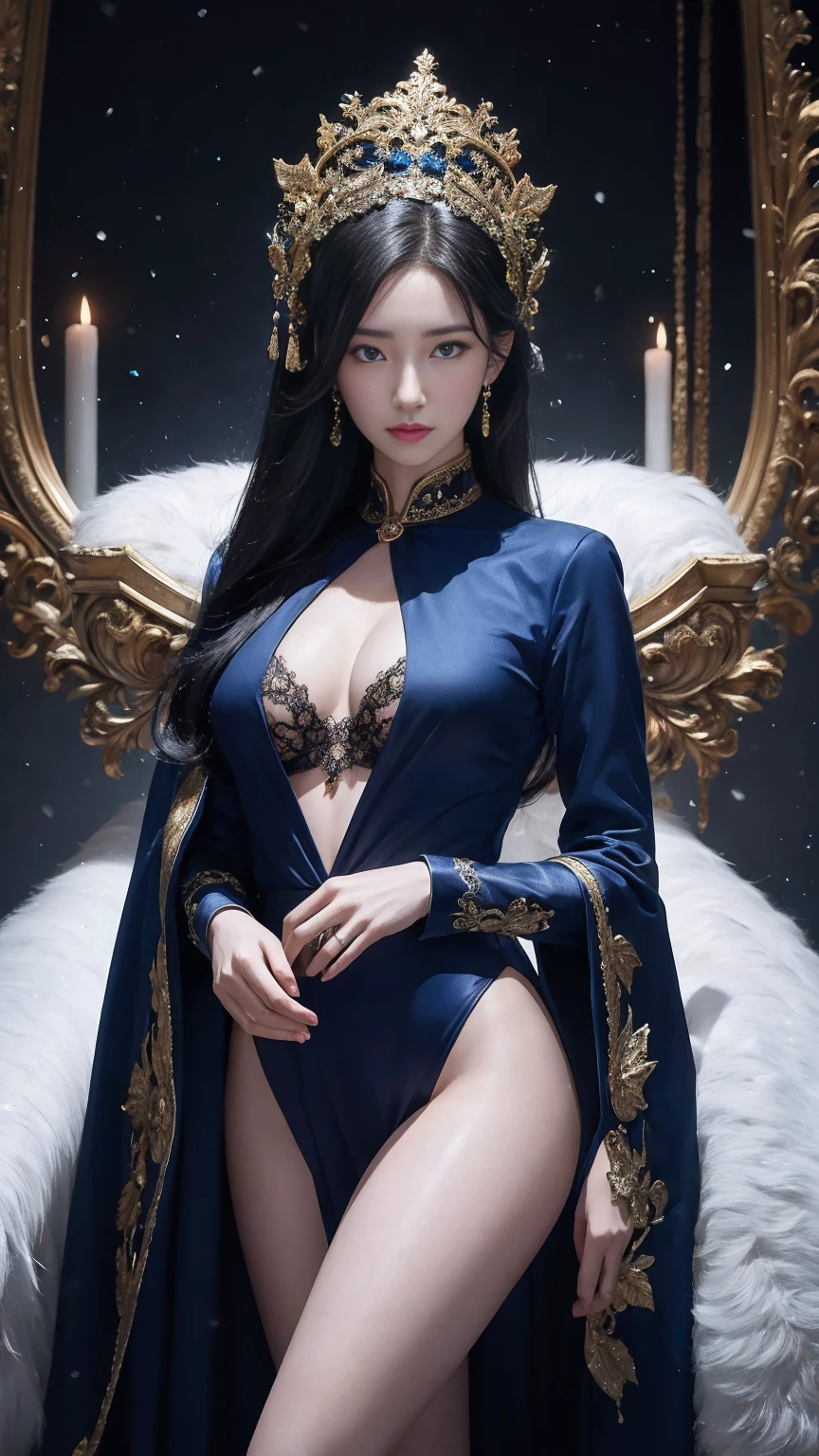 a beautiful empress portrait, black hair, perfect blue eyes, with a brilliant, impossible striking big Christmas headpiece, sexy skimpy clothes Santa robes, everything Christmas, snow, symmetrical, dramatic studio lighting, rococo, baroque, asian, hyperrealism, closeup, D&D, fantasy, intricate, elegant, highly detailed, digital painting, artstation, octane render, 8k, concept art, matte, sharp focus, big breasts, slender body, full body shot, show breast