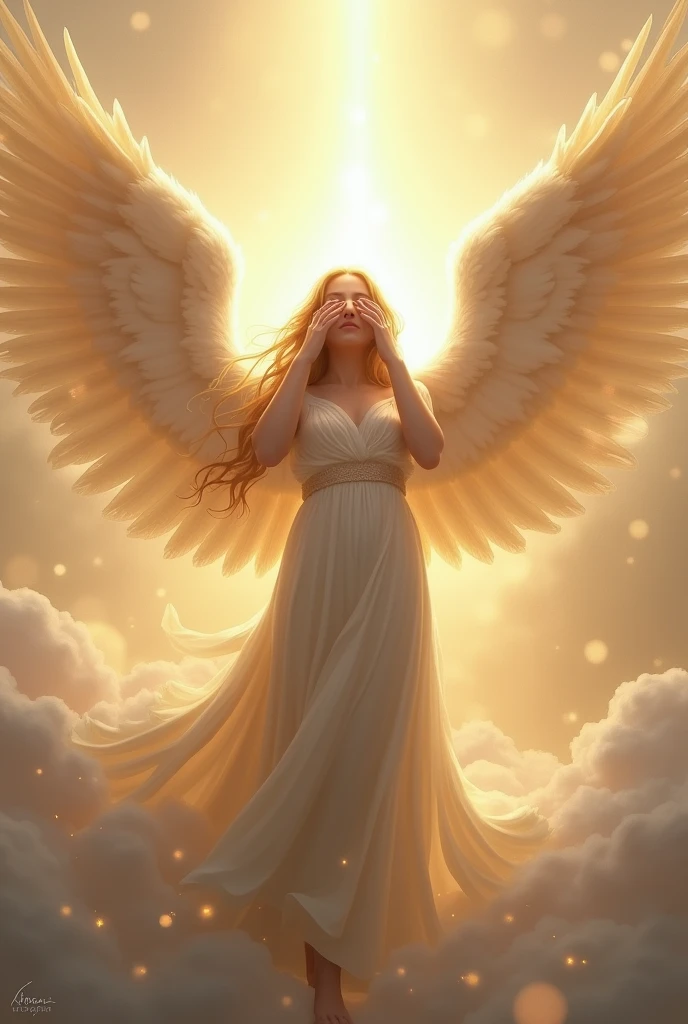 An angel with 6 wings, two covering the face and two to fly
