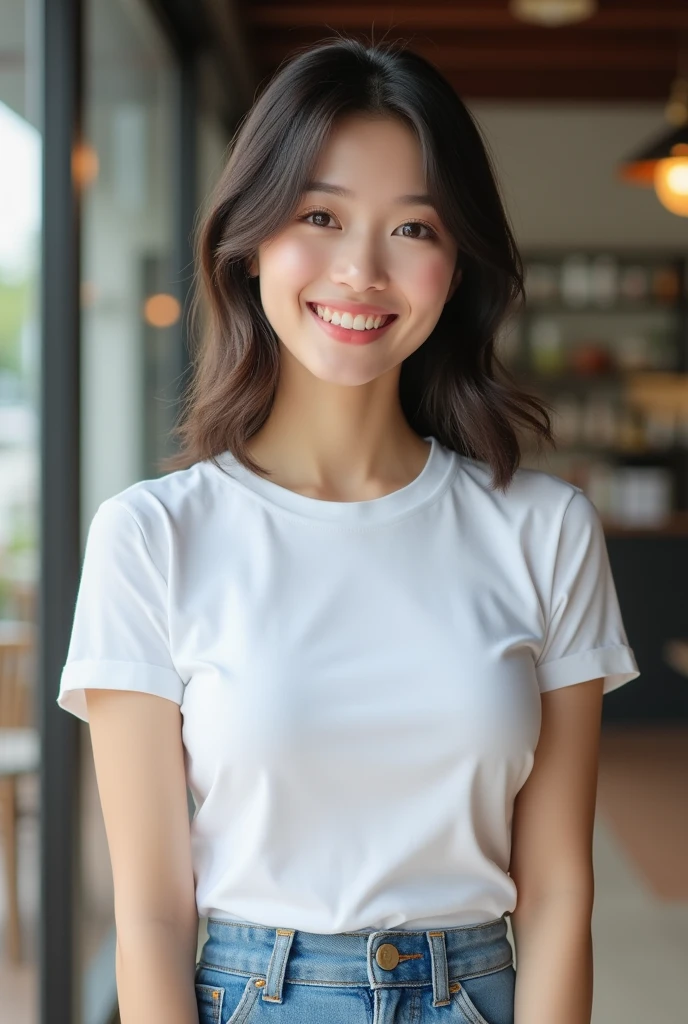 ((Best image quality, 8k, masterpiece:1.3)), A Japanese 20-year-old girl, Beautiful woman with slim abs:1.3, (Casual Hairstyles, Leaking big boobs:1.2), White T-shirt and denim pants,Extra Large,Ultra-fine face, Detailed eyes, double eyelid,smile,Cafe,Very bad shape,Small waist,Super big breasts,close,close chest,White skin,Casual background,close Shot Shot