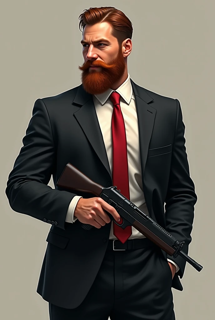 Hitman with hair
 Fair skin and good smile red tie and holding gun and flex revone beard