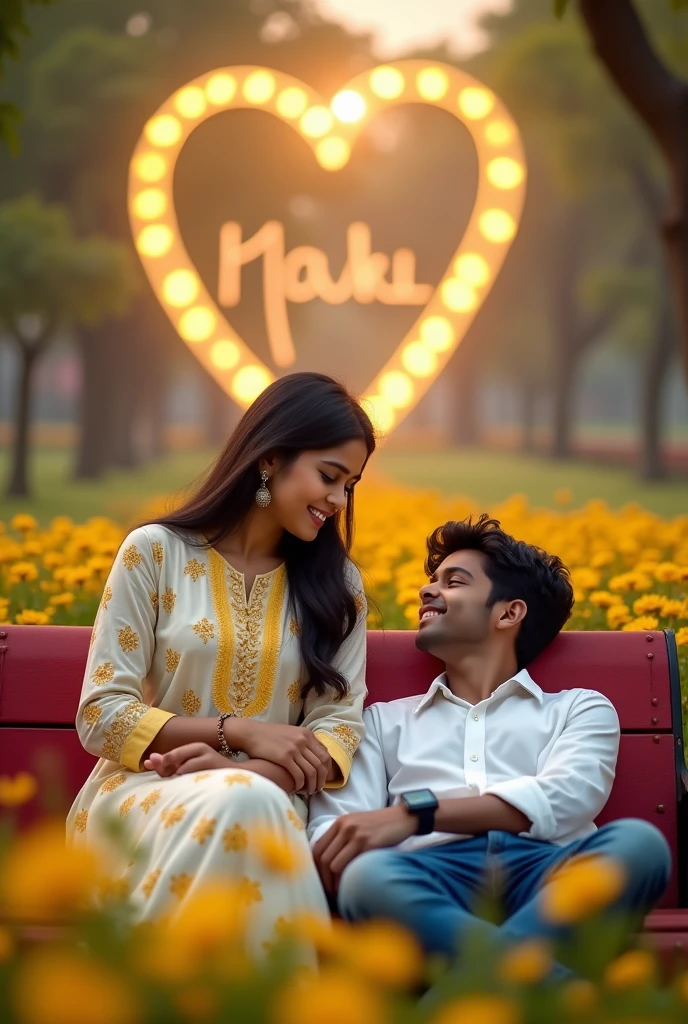 20 years old girl is sitting on red colour banch in a beautiful park and 20 year old boy is lying on girl lap looking each other with smil in love Park, littel down in your wast, beautiful big 3d lighting love hart in background, beautiful flowers in park. boy wearing white shirt. The girl wearing white and yellow flowers printed kurti, with smart watch, with name khushi & Abhi written on hart. they are looking so Pretty, cute, indian, beautiful chest. High quality 4k pictures”