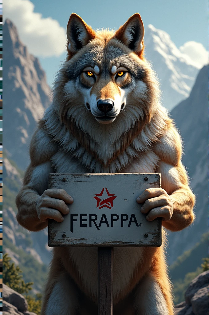 A wolf holding a sign with the FERRAPA logo
