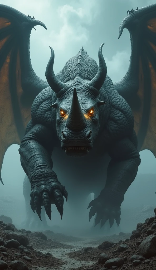 Gigantic dangerous and mythical muscular rhino hybrid with dragon with wings with scary background