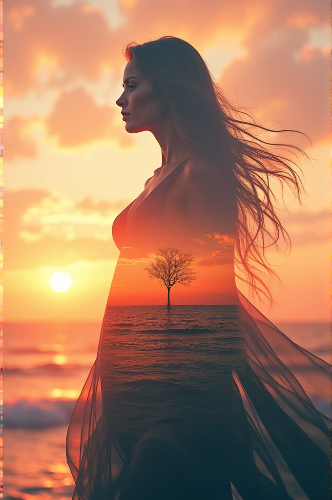 high quality、8K Ultra HD、女神のシルエットとサンセットコーストを組み合わせた美しいDouble Exposure、The Sunset Coast serves as a backdrop.、The details are captured by the Goddess、Crisp lines、The background is monochrome、Sharp focus、Double Exposure、By yukisakura、Amazing full color。