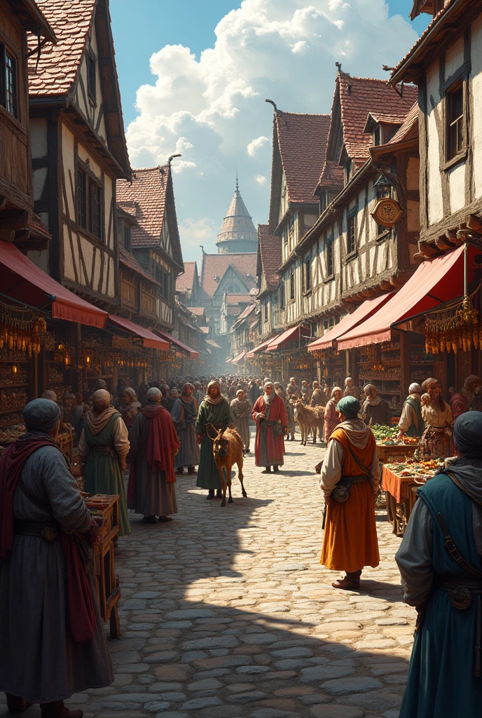 Trade in Middle Age. Merchants selling their Handmade products. People loaded their goods on horse and donkeys. Wearing old fashioned clothes by Marchents and common people. Realistic.
